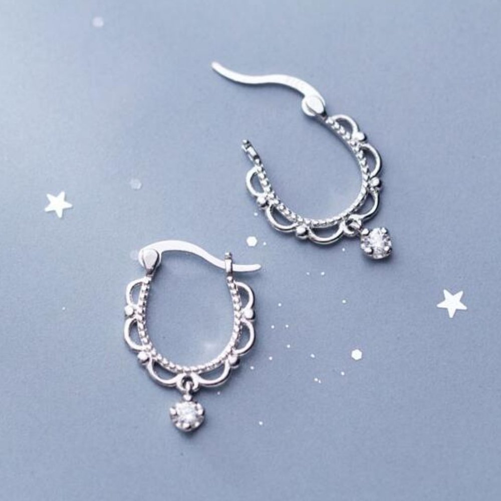 NEW 925 Sterling Silver Lace Diamond Huggie Hoops